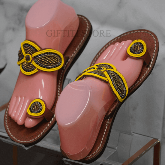 Picture of Women African Handmade Casual Footwear Yellow and Black Pattern